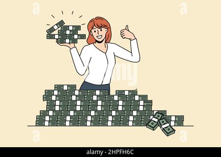 Succès financier et concept de grande monnaie. Femme souriante travaillant debout et tenant des tas d'argent liquide montrant des pouces vers le haut signe illustration de vecteur Illustration de Vecteur