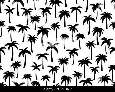 Motif sans couture avec silhouettes noires de palmiers sur fond blanc. Palmiers tropicaux avec différentes formes de feuilles. Conception pour l'impression sur tissu, Illustration de Vecteur