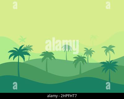 Paysage tropical avec palmiers aux couleurs vertes. Silhouettes de palmiers sur les collines. Heure d'été. Conception pour brochures publicitaires, bannières, po Illustration de Vecteur