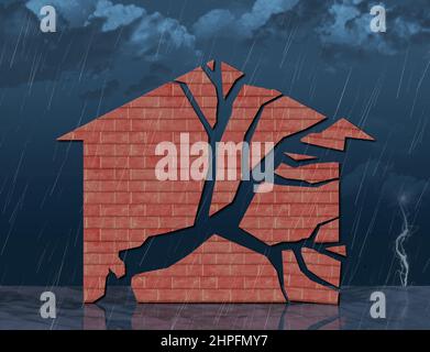 Une maison en briques est brisée en forme d'arbre endommagé par une tempête alors qu'une tempête fait rage en arrière-plan. Voici une illustration de 3 jours sur les dommages causés par la tempête. Banque D'Images