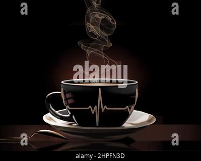 Une séquence ECG (EKG), tracé de ligne, montrant l'activité cardiaque, décore une tasse de café ou de thé. Le design EKG illustre l'effet que la caféine peut avoir sur le TH Banque D'Images