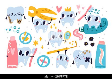 Dents et outils kawaii. Personnages dentaires de dessin animé. Molaires aux visages amusants ou différents accessoires hygiéniques. Soins buccaux. Éducation des enfants. Brosse à dents Illustration de Vecteur