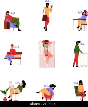 Personnages en veille. Paresseux les gens fatigués dans diverses poses sur le canapé sur les chaises dans le transport urbain dormir sur l'oreiller garish illustrations de vecteur modèles Illustration de Vecteur