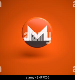 Logo de la crypto-monnaie Monero (XMR) survolant un fond orange transparent. Banque D'Images