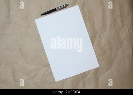 Feuille blanche vide au format A4 avec stylo sur papier beige. Concept d'analyse, d'étude, de travail attentif. Stock photo avec espace vide pour votre texte et votre design. Banque D'Images