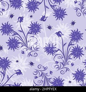 Motif vectoriel sans coutures à fleurs.Design élégant dans la couleur très Peri, couleur moderne de 2022 ans.Élément floral et tourbillonnant.Idéal pour l'impression textile et Illustration de Vecteur