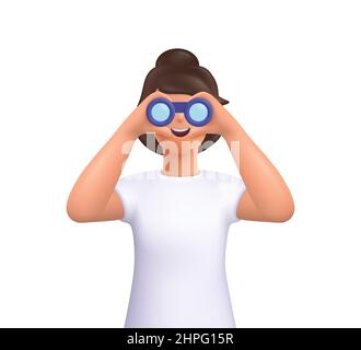 Jeune femme souriante Jane regardant à travers des jumelles. Recherche d'un emploi, d'opportunités, de nouvelles idées commerciales. Recherche, web surf.3D vecteur personnes ch Illustration de Vecteur
