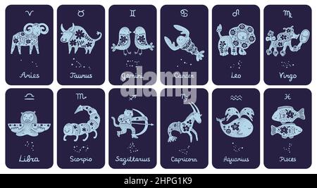 Cartes de signes de zodiaque. Symboles astrologiques. Animaux zodiacaux avec silhouettes à motifs floraux. Icônes de constellations avec ornement de fleur détaillé Illustration de Vecteur