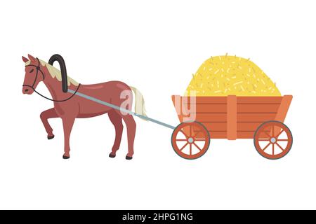 un cheval porte un chariot avec du foin. transport de marchandises dans le village. illustration vectorielle plate. Illustration de Vecteur