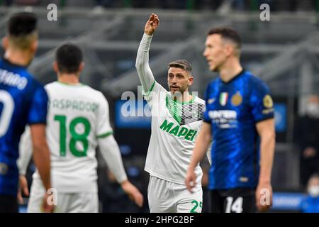 Milan, Italie. 20th févr. 2022. Domenico Berardi (25) de Sassuolo vu dans la série Un match entre Inter et Sassuolo à Giuseppe Meazza à Milan. (Crédit photo : Gonzales photo/Alamy Live News Banque D'Images