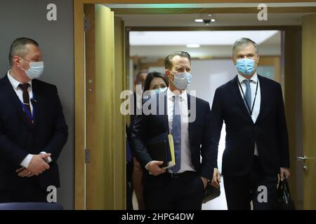 Bruxelles, région de Bruxelles-capitale, Belgique. 21st févr. 2022. Jeppe KOFOD, ministre danois des Affaires étrangères, arrive à une réunion des ministres des Affaires étrangères de l'Union européenne (UE) au siège du Conseil de l'UE à Bruxelles, Belgique, le 22 février 2022. (Credit image: © Valeria Mongelli/ZUMA Press Wire) Banque D'Images