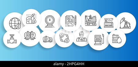 Bannière de l'industrie pétrolière avec icônes de ligne. Illustration camion à carburant, ingénieur, essence, cargo pour conception Web ou interface utilisateur. Illustration de Vecteur