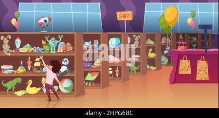 Magasin de jouets. Intérieur de la boutique de jeux pour enfants heureux enfants sélectionner différents jouets présents étagères animaux mous robots transport briques vecteur exact Illustration de Vecteur