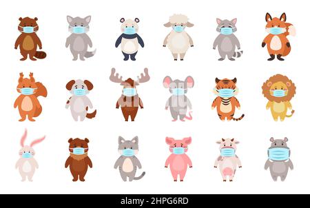 différents animaux de dessin animé portant des masques médicaux Illustration de Vecteur