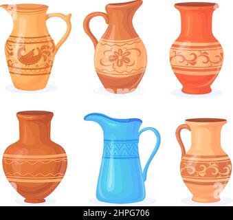 Poterie rustique de dessin animé. Pots en argile bol pot à vaisselle vieux pot d'art, pots céramiques isolés en terre cuite, pichet pour le lait, ustensile en faïence, illustration vectorielle plate. Pot en céramique, poterie en argile Illustration de Vecteur