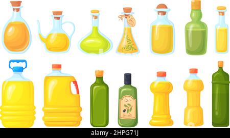 Bouteilles d'huile de soja. Variété de cuisson huiles végétales bouteille en verre ou en plastique, liquide frais pour cuisiner des aliments gastronomiques sains, huile de canola d'olive de noix de coco, dessin animé dessin vectoriel soigné Illustration de Vecteur