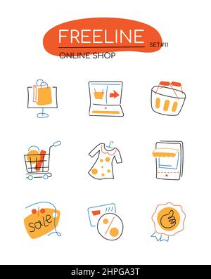 Boutique en ligne - des icônes de style moderne de design de ligne de couleur orange. Commande de produits sur Internet à l'aide d'un ordinateur portable ou d'un smartphone, vente de vêtements. Discou Illustration de Vecteur