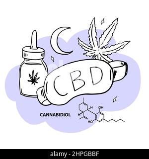 CBD Cannabis concept pour sommeil sain et guérison de l'insomnie. Masque de sommeil, huile de teinture de cbd dans une bouteille, feuille de cannabis, lune la nuit et chem Illustration de Vecteur