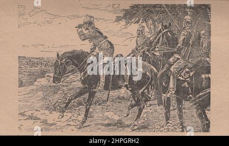 Oulans/espions allemands avant Paris. Les cavalrymen de Marwitz ( Georg von der Marwitz) se sont rapprochés de Paris, ont effectué des reconnaissances avec des jumelles, puis sont retournés à leur unité. Illustration par un artiste inconnu. INFO-AUTORISATION-DROITS-SUPPLÉMENTAIRES-NON-DISPONIBLE ET EXPIRÉE. Banque D'Images