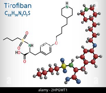Molécule de tirofiban. Il s'agit d'un dérivé de tyrosine non peptidique, avec une activité anticoagulante, qui empêche le sang de se coaguler. Formule chimique structurelle Illustration de Vecteur