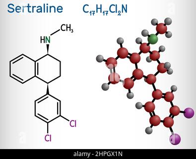 Molécule de sertraline. Il est antidépresseur, utilisé pour traiter le trouble dépressif, le trouble d'anxiété sociale, d'autres conditions psychiatriques. Structure Illustration de Vecteur