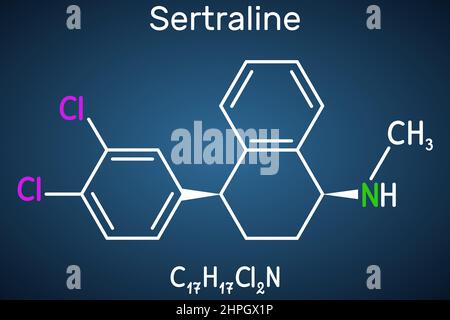 Molécule de sertraline. Il est antidépresseur, utilisé pour traiter le trouble dépressif, le trouble d'anxiété sociale, d'autres conditions psychiatriques. Structure Illustration de Vecteur
