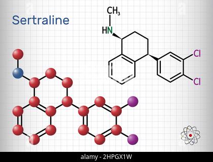 Molécule de sertraline. Il est antidépresseur, utilisé pour traiter le trouble dépressif, le trouble d'anxiété sociale, d'autres conditions psychiatriques. Structure Illustration de Vecteur