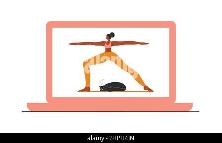 Femme afro-américaine faisant du yoga à la maison. Illustration de Vecteur