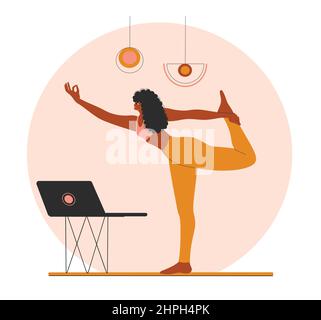 Femme afro-américaine faisant du yoga à la maison. Illustration de Vecteur