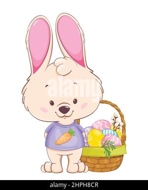 Carte de vœux joyeuses Pâques. Drôle personnage de dessin animé lapin debout près du panier avec des œufs de couleur. Lapin de Pâques. Illustration du vecteur de stock Illustration de Vecteur