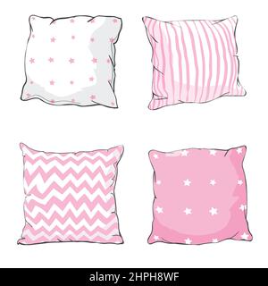 Coussins décoratifs de dessin animé vectoriel. Ensemble d'oreillers décoratifs dessinés à la main. Illustration Doodle Illustration de Vecteur