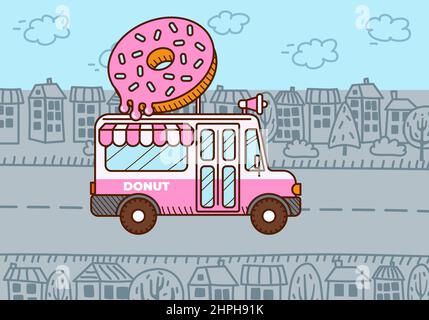 Minibus Donut dans la ville. Camion alimentaire Illustration de Vecteur