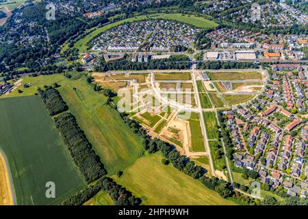 Vue aérienne, nouveau logement Angerbogen am Alten Angerbach et zone de construction de nouveaux logements prévus à Huckingen, Duisburg, Ruhr, Banque D'Images