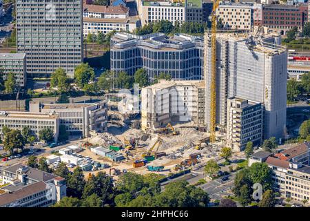 Vue aérienne, démolition de Ypsile-Haus du siège de RWE à Essen à Huyssenallee, projet de nouveau bâtiment pour le campus de bureau dans le quartier sud i Banque D'Images