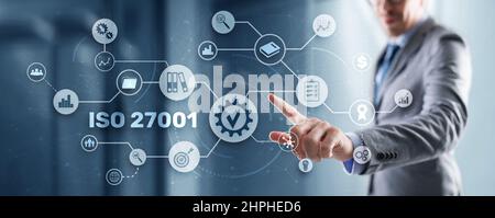 ISO 27001. Norme internationale de sécurité des informations. Concept de garantie de contrôle qualité des normes ISO. Banque D'Images