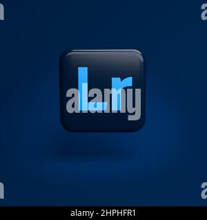 Logos du logiciel d'édition de photos Adobe Photoshop Lightroom - partie majeure de Creative Cloud Apps Suite sur une tuile survolant un bleu transparent ba Banque D'Images