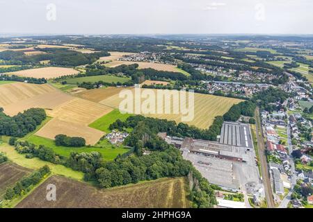 Vue aérienne, Schürenfeld zone industrielle planifiée sur la route fédérale B233 Unnaer Straße, Cargo Fittt LKW-Werkstatt in der Liethe dans le district de Banque D'Images