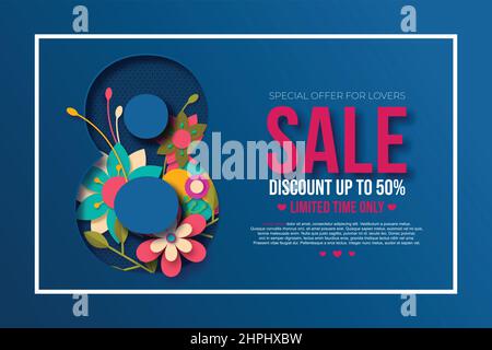 Solde du 8 mars carte de vœux du 8 mars pour la Journée internationale des femmes. 3D papier coupé numéro 8 avec papier coupé fleurs de style, fond bleu turquoise. VVecto Banque D'Images