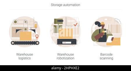 Ensemble d'illustrations vectorielles abstraites de concept d'automatisation du stockage. Logistique et robotisation d'entrepôt, lecture de codes-barres, réception d'emballages et cueillette de commandes, tri et expédition métaphore abstraite. Illustration de Vecteur