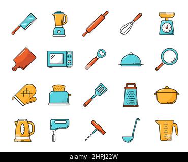 Icônes de la ligne ustensiles de cuisine et ustensile de cuisine. Mélangeur de comptoir, rollpin et hache de cuisine, planche à découper, micro-ondes et ouvre-bouteille, plateau, poêle et Illustration de Vecteur