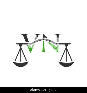 Design du logo VN du cabinet d'avocats. Avocat, Service d'avocat, Bureau du droit, balance. Logo du cabinet d'avocats sur le signe vecteur VN de la lettre Illustration de Vecteur
