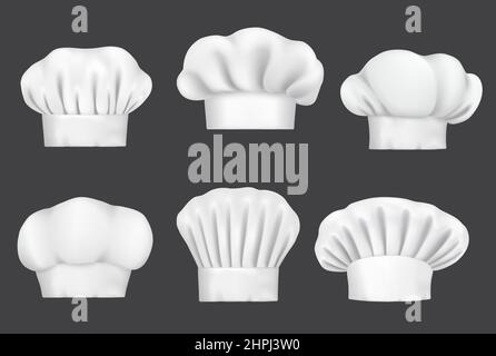 Chapeaux de chef réalistes, casquette de cuisinier et toque de boulanger, maquettes vectorielles. Chapeaux blancs de chef de différentes formes, cuisinier de restaurant et uniforme ou chef de boulanger culinaire Illustration de Vecteur