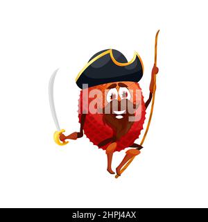 Lychee rouge fruit pirate émoticône personnage de dessin animé lychee isolé dans corsair chapeau sur corde avec épée. Dessert d'été Vector avec barbe, buccaneer Illustration de Vecteur