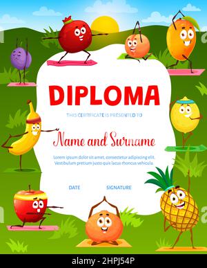 Caricature personnages drôles de fruits sur la pelouse yoga, sport de fitness. Diplôme pour enfants, certificat de diplôme vectoriel avec banane drôle, mandarine, ananas et Illustration de Vecteur