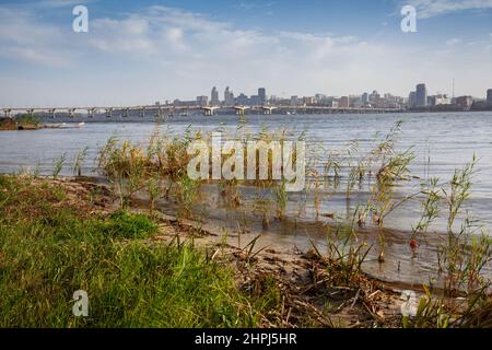 Dnepropetrovsk, panorama de la ville, centre et pont central sur les rives du Dniepr, roseaux en premier plan Banque D'Images