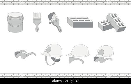 Illustration d'icônes de construction sur fond blanc. Un ensemble pour les constructeurs, icônes simples, briques, casque, peinture, tout pour la construction, prêt Illustration de Vecteur