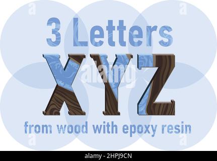 Illustration des lettres X, y et Z en bois et résine époxy sur fond blanc. Bois et résine époxy bleue, comptoir en résine époxy, prêt à l'emploi Illustration de Vecteur