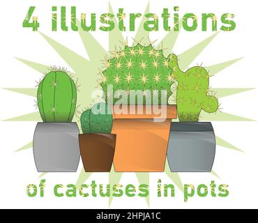 Illustration de cactus dans des pots sur fond blanc. Plantes de maison en pots, cactus, plantes pour la maison, prêtes à l'emploi, polystyrène expansé. Pour votre desi Illustration de Vecteur