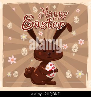 Carte de vœux Joyeux Pâques illustration rétro avec lapin au chocolat de pâques, lapin. Illustration vectorielle vintage Illustration de Vecteur