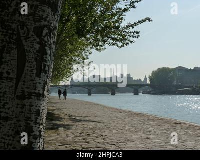 Couple romantique tenant les mains et marchant sur la rive de Paris Banque D'Images